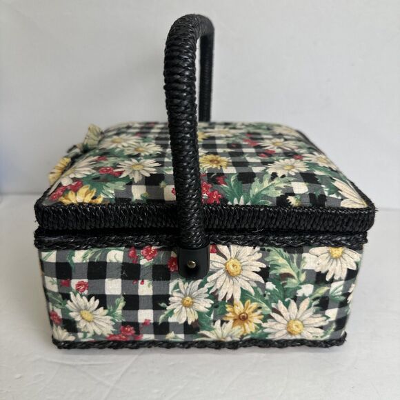 Sewing Box Basket Vintage Square Floral Design Padded w/ Handle - Picture 2 of 10